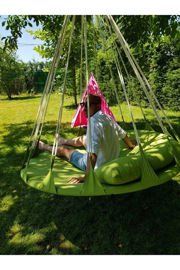 Ruby Yastıklı Ev Tipi Ve Dış Mekan Hamak (160 Cm Çap) - Bahçe, Balkon Hamak Salıncak (yeşil)